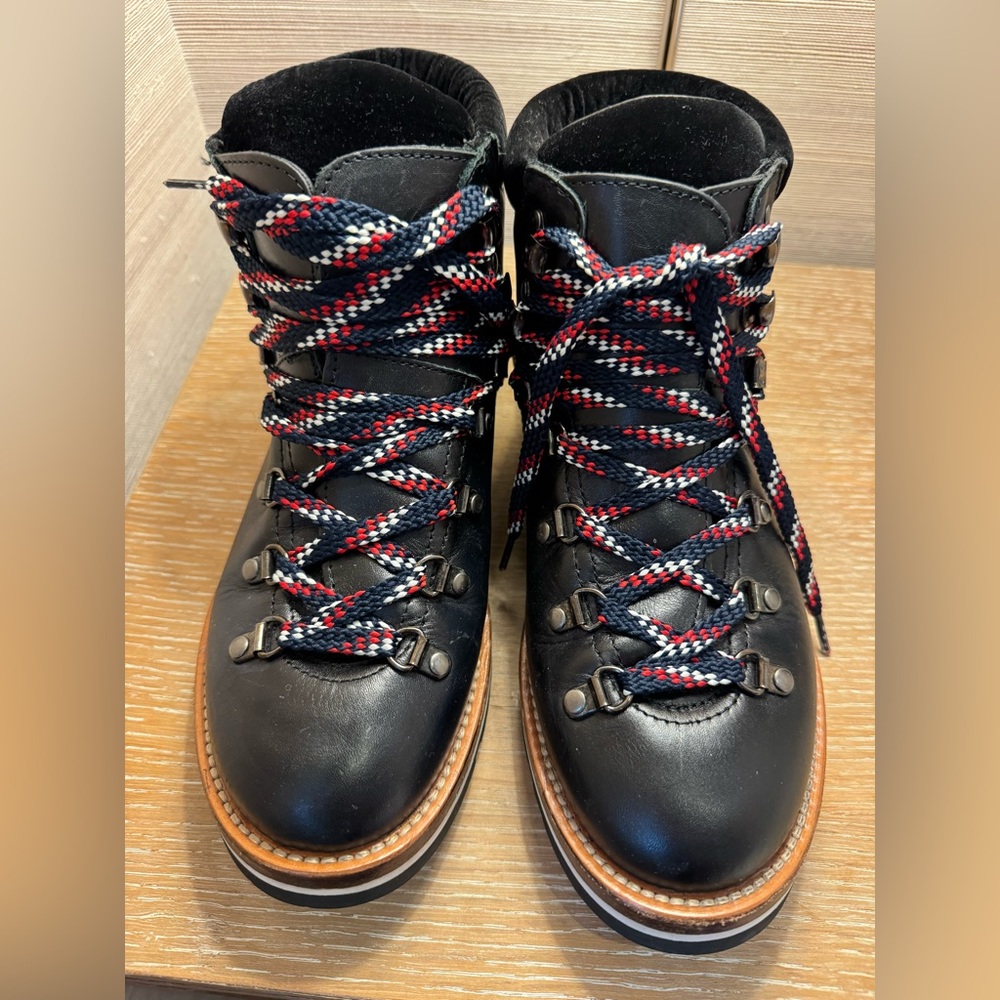 Moncler Black Leather Hiking Boots with Velvet trim & Red and White Laces